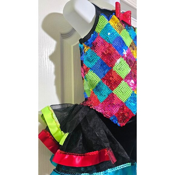 Girls Sequin Harlequin Dance Costume Ruffle Tutu Sequin Bowtie Broadway Star ISC - Picture 4 of 11